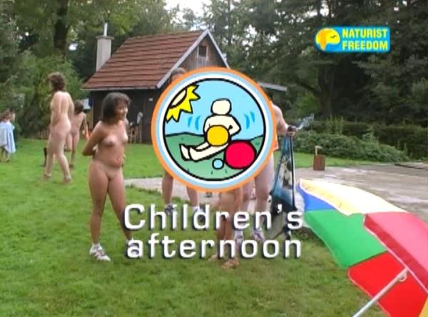 Family naturism of video - children's morning performance outdoors