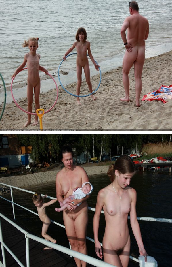 Mother and daughters nudists of a photo on the lake