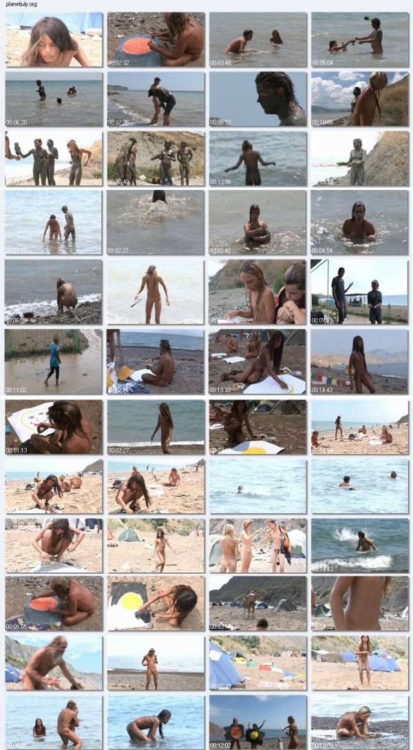 Family nudism - the grandfather and granddaughters nudists on a beach