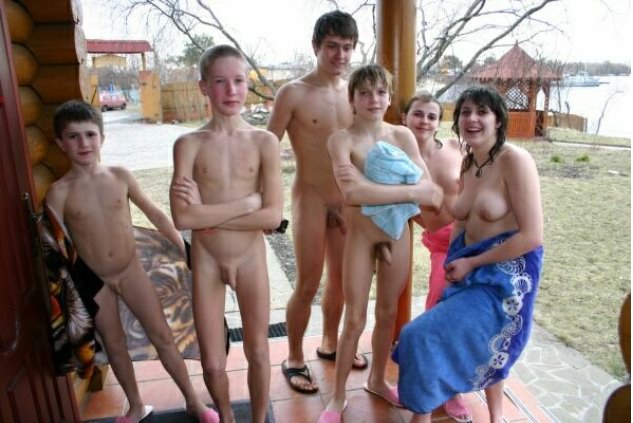 Nudists a family in a sauna